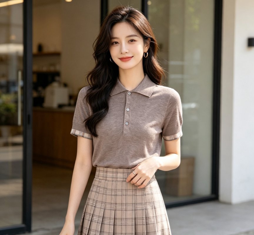 Women's Taupe Short Sleeve Polo Shirt with Plaid Trim view