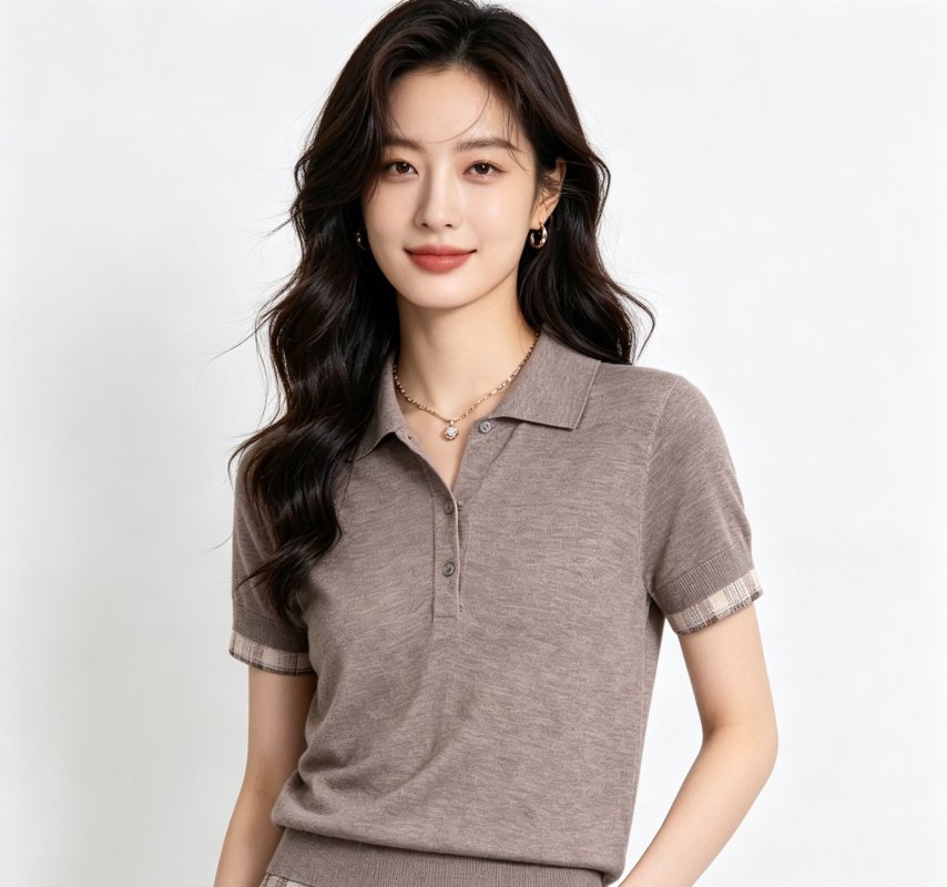 Women's Taupe Short Sleeve Polo Shirt with Plaid Trim view