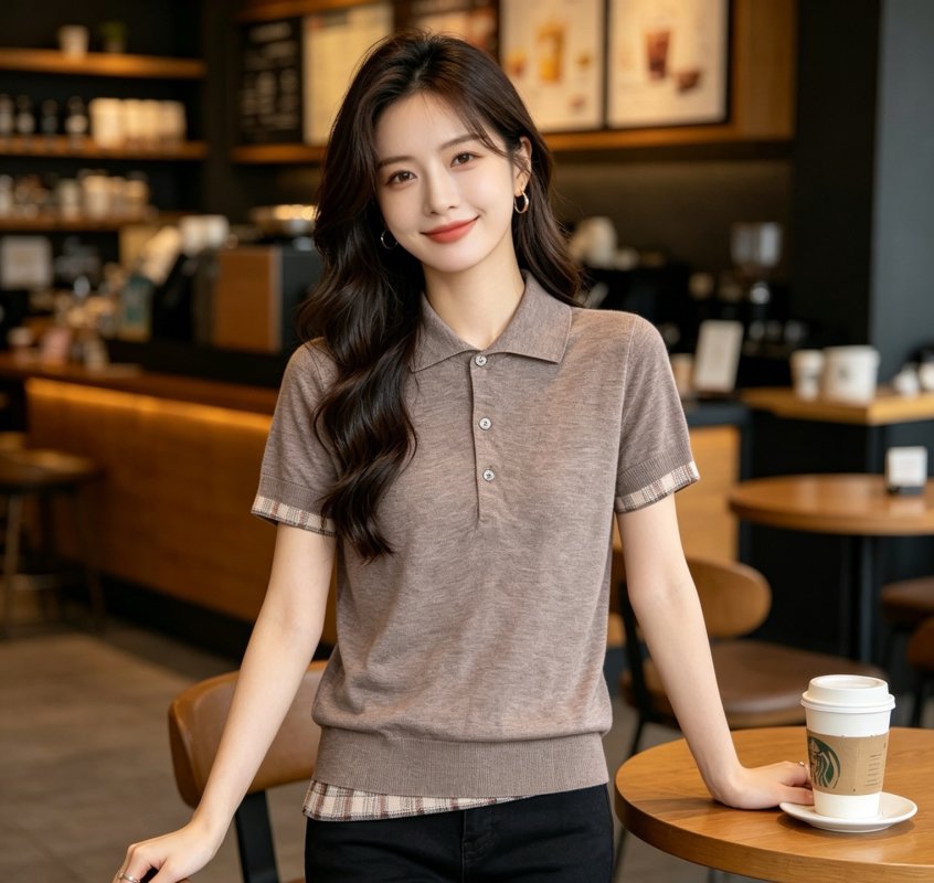 Women's Taupe Short Sleeve Polo Shirt with Plaid Trim view