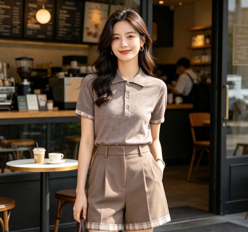 Women's Taupe Short Sleeve Polo Shirt with Plaid Trim view