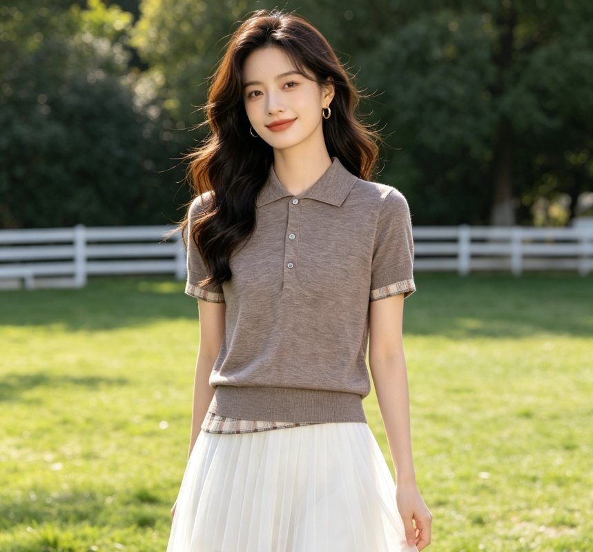 Women's Taupe Short Sleeve Polo Shirt with Plaid Trim view