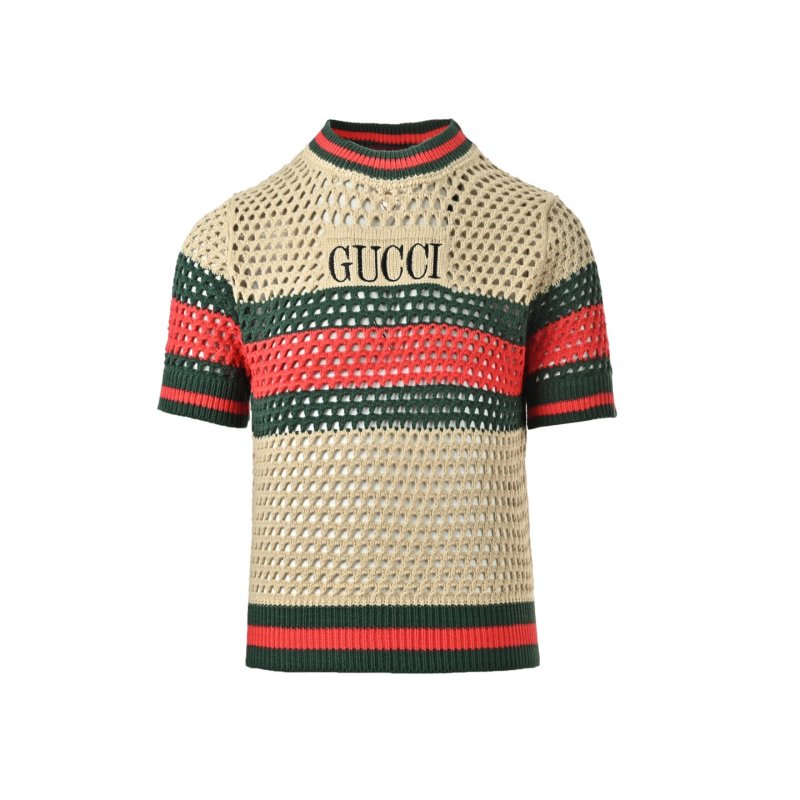 Gucci Striped Logo Knit T-Shirt Cream view