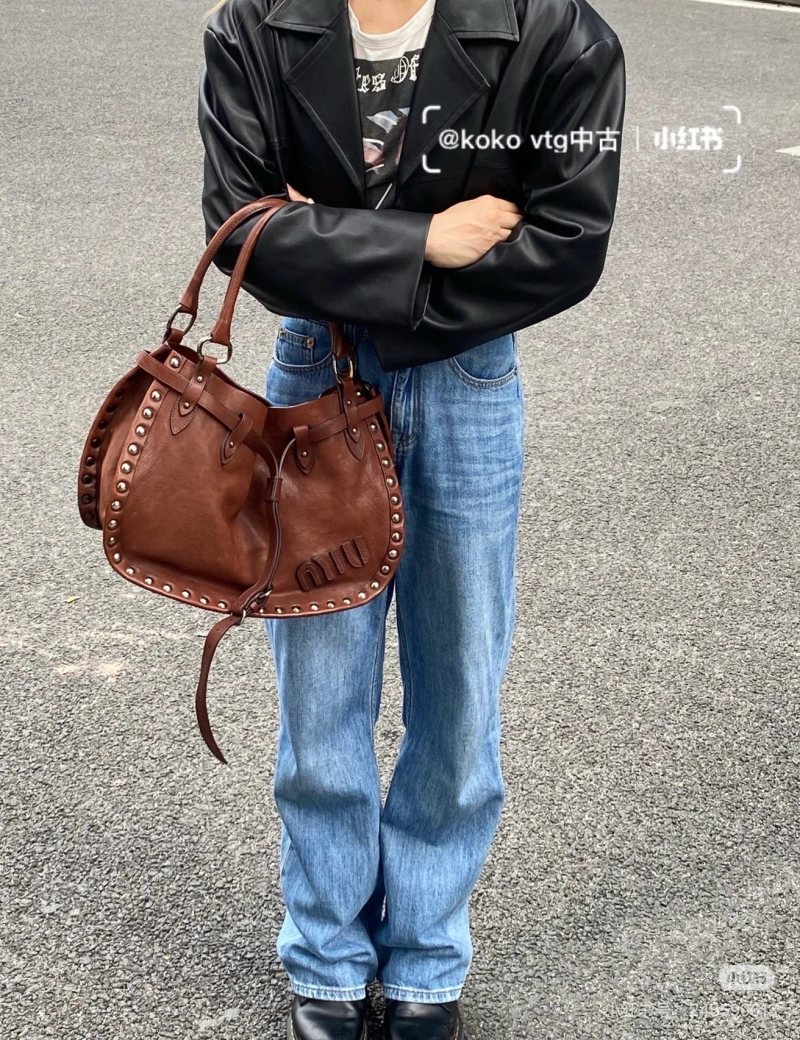 Cognac Studded Leather Drawstring Shoulder Bag