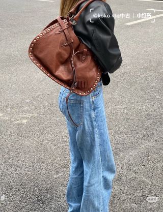 Cognac Studded Leather Drawstring Shoulder Bag view 2