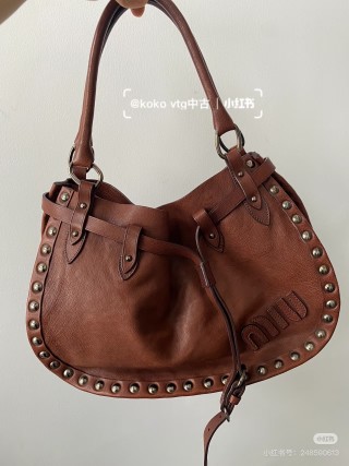 Cognac Studded Leather Drawstring Shoulder Bag view 3