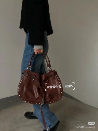 Cognac Studded Leather Drawstring Shoulder Bag view 4