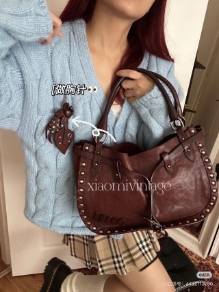 Cognac Studded Leather Drawstring Shoulder Bag view 5