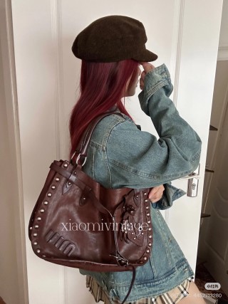 Cognac Studded Leather Drawstring Shoulder Bag view 6