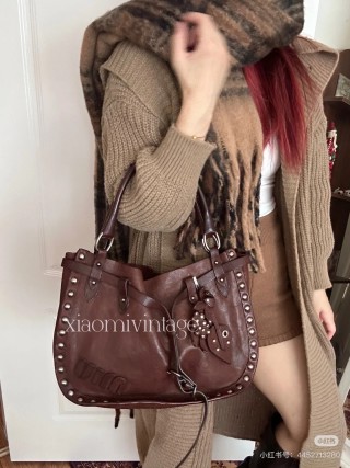 Cognac Studded Leather Drawstring Shoulder Bag view 7