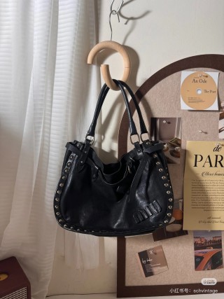 Cognac Studded Leather Drawstring Shoulder Bag view 9