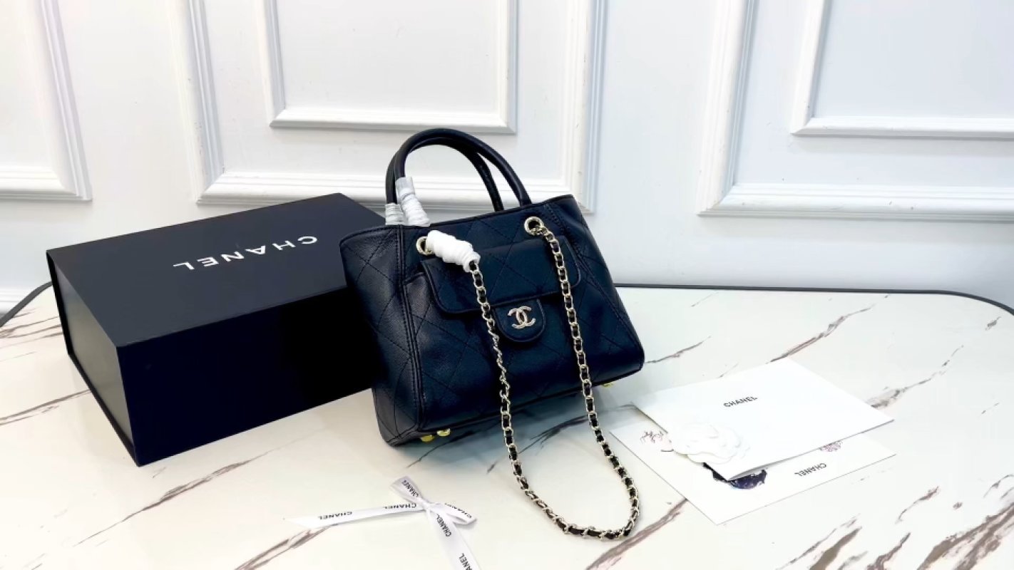 Chanel Grand Shopping Tote Navy Quilted Caviar Leather