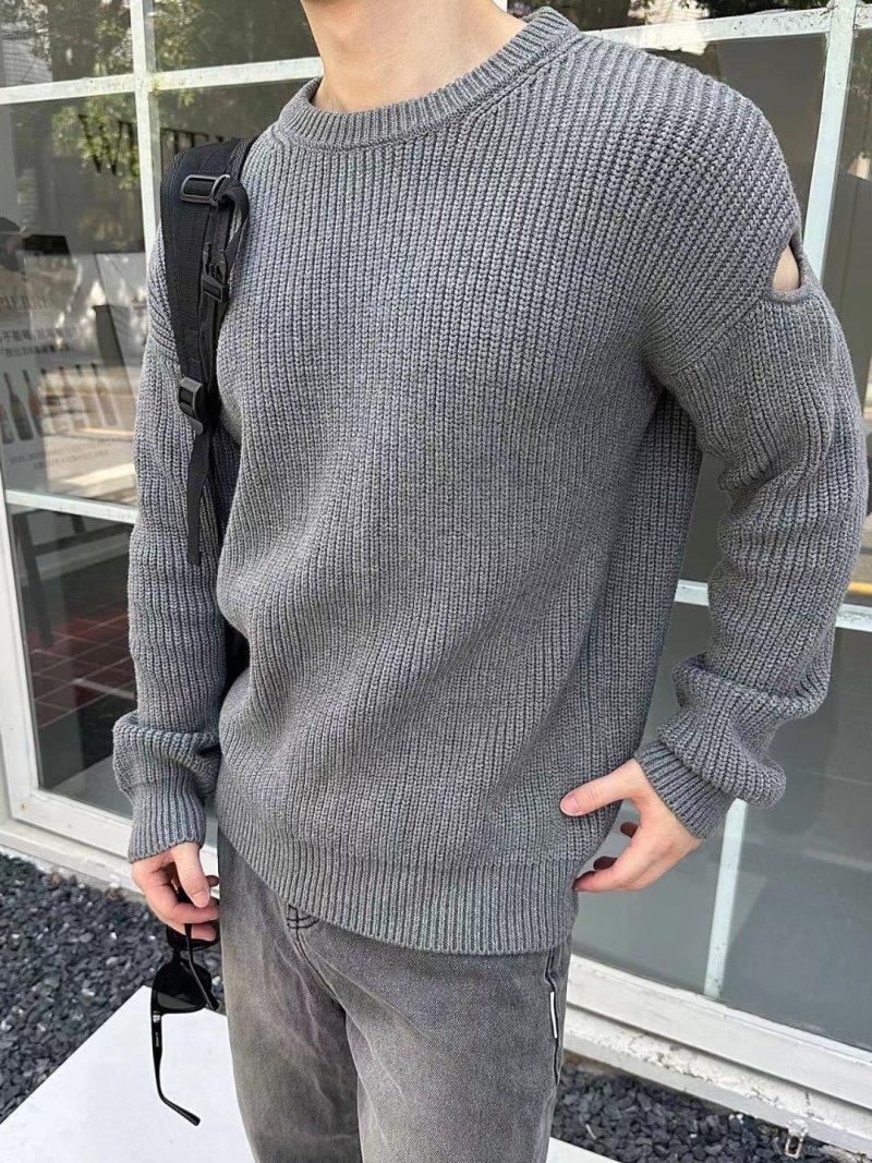 Grey Ribbed Knit Sweater with Sleeve Straps
