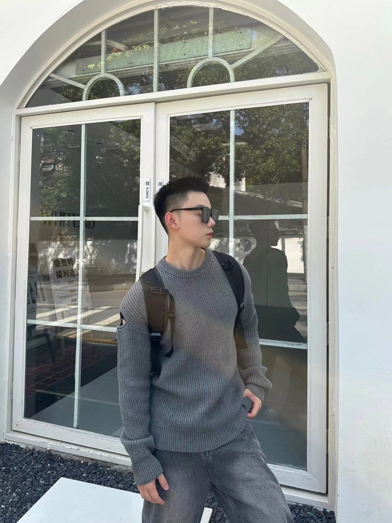 Grey Ribbed Knit Sweater with Sleeve Straps view