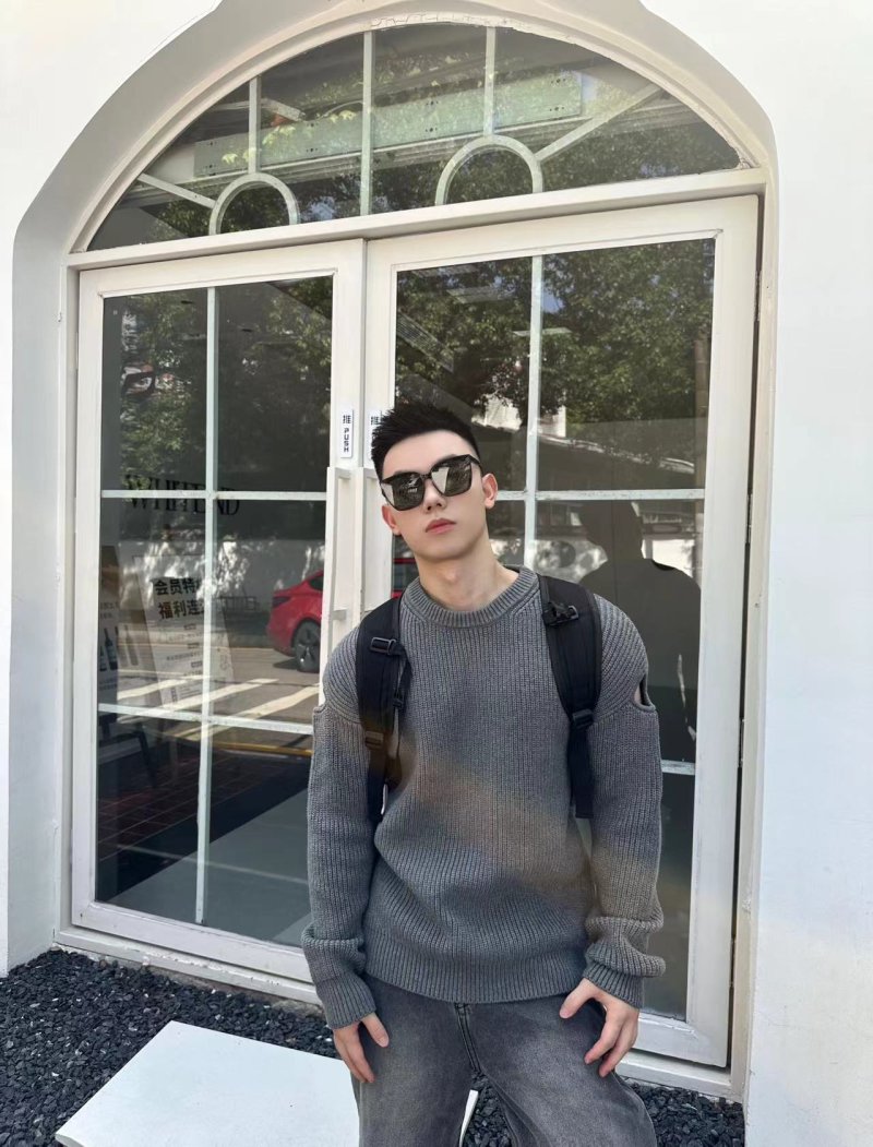 Grey Ribbed Knit Sweater with Sleeve Straps view