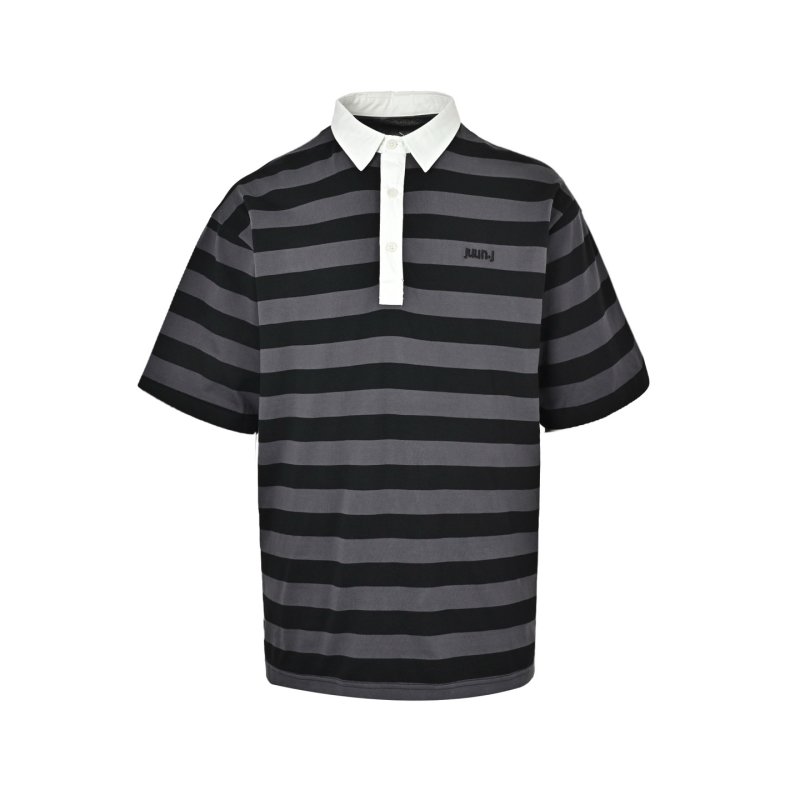 Black & Grey Striped Polo Shirt with White Collar view
