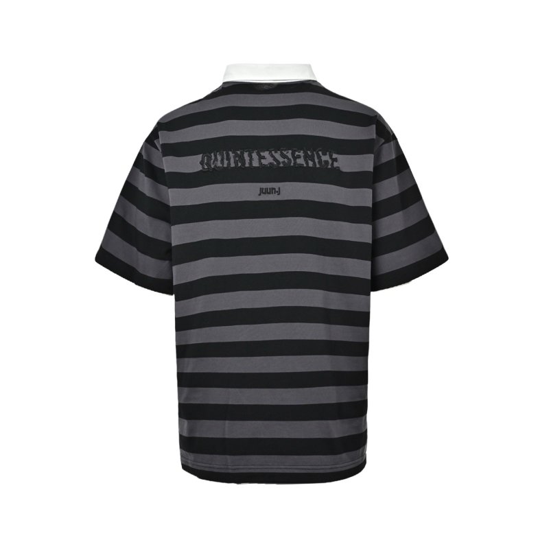 Black & Grey Striped Polo Shirt with White Collar view