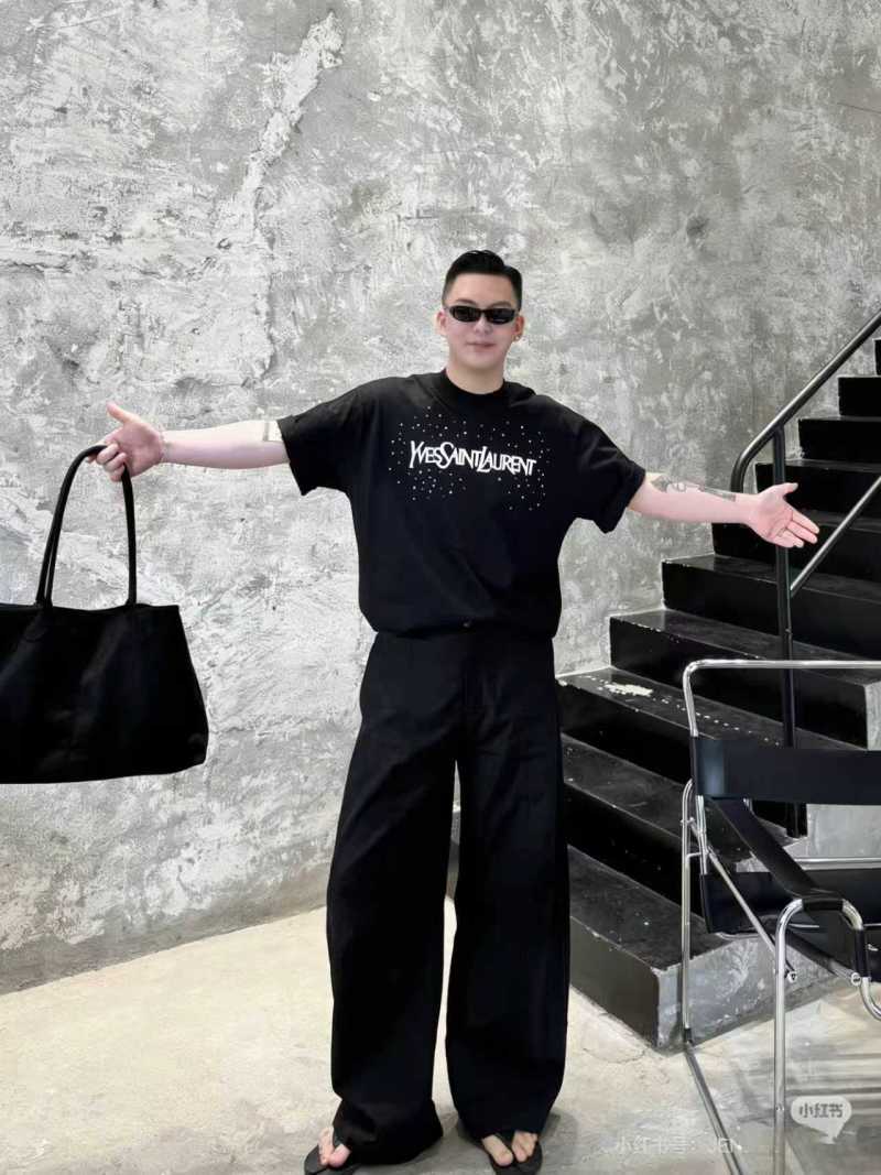 Saint Laurent Black Distressed Rhinestone Logo T-Shirt