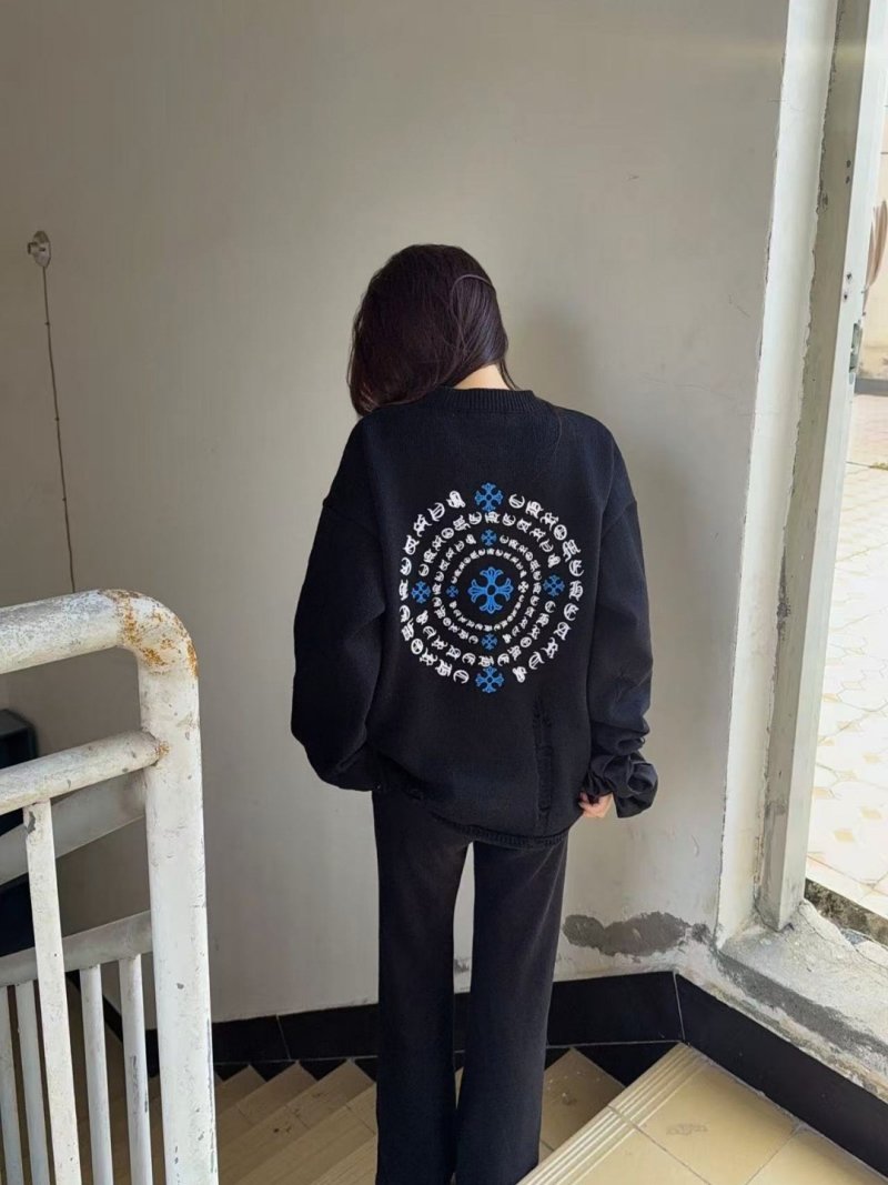 Chrome Hearts Black Knit Cardigan with Blue Cross Motif view
