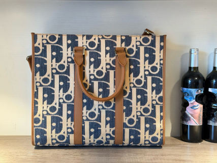 Dior P390 Monogram Canvas Tote Bag Navy & Tan view 2