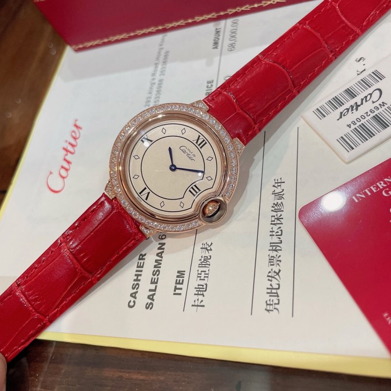 Cartier Ballon Bleu 36mm Rose Gold Red Leather Strap Watch view