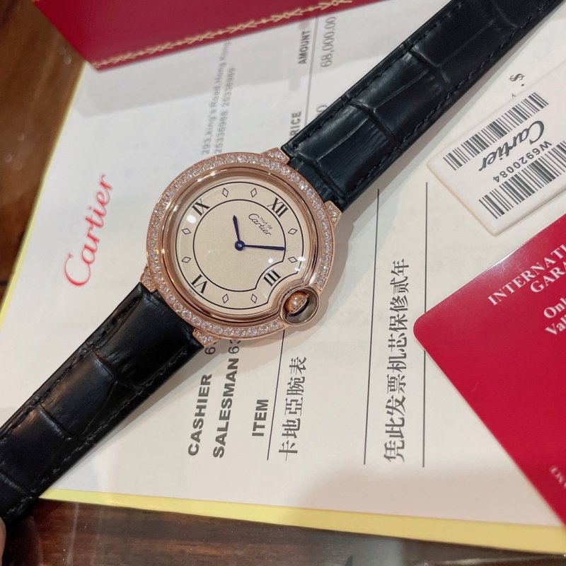 Cartier Ballon Bleu 36mm Rose Gold Red Leather Strap Watch view