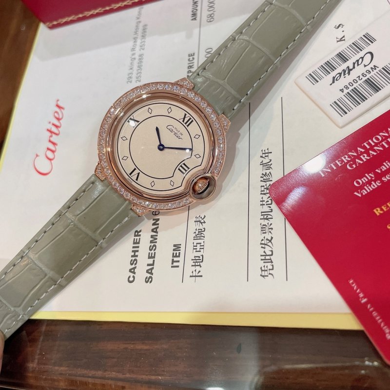 Cartier Ballon Bleu 36mm Rose Gold Red Leather Strap Watch view