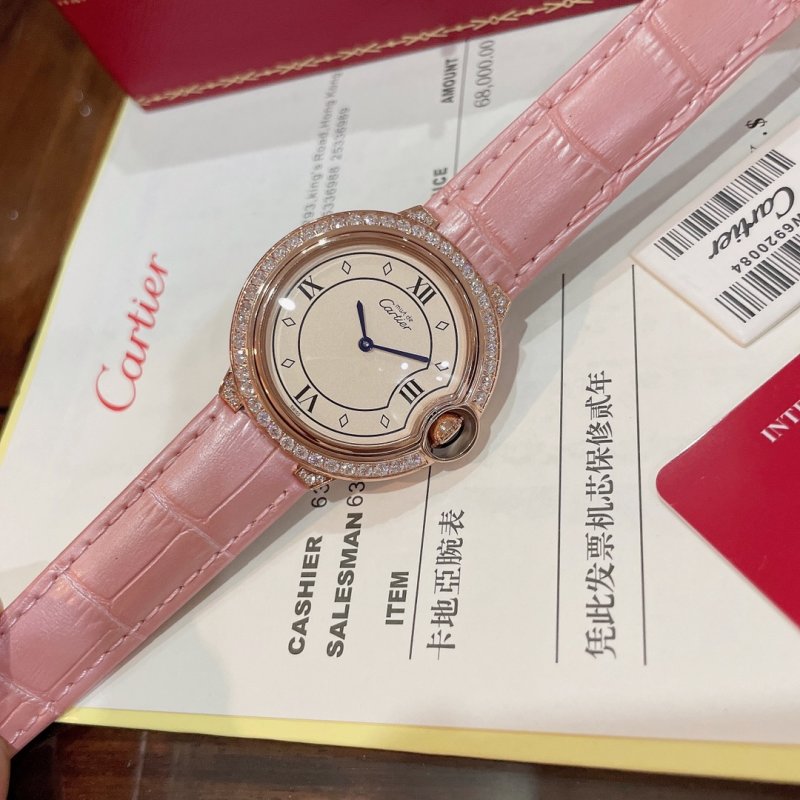Cartier Ballon Bleu 36mm Rose Gold Red Leather Strap Watch view