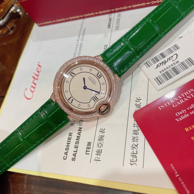 Cartier Ballon Bleu 36mm Rose Gold Red Leather Strap Watch view