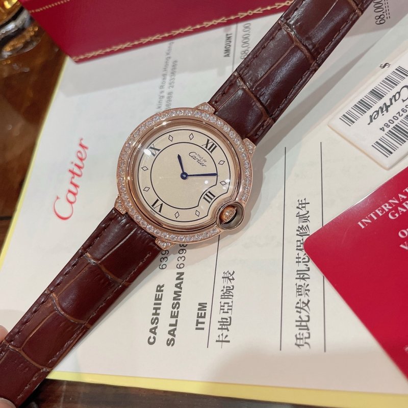 Cartier Ballon Bleu 36mm Rose Gold Red Leather Strap Watch view