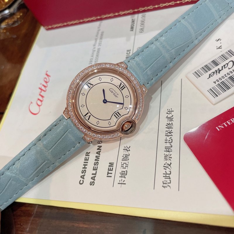 Cartier Ballon Bleu 36mm Rose Gold Red Leather Strap Watch view