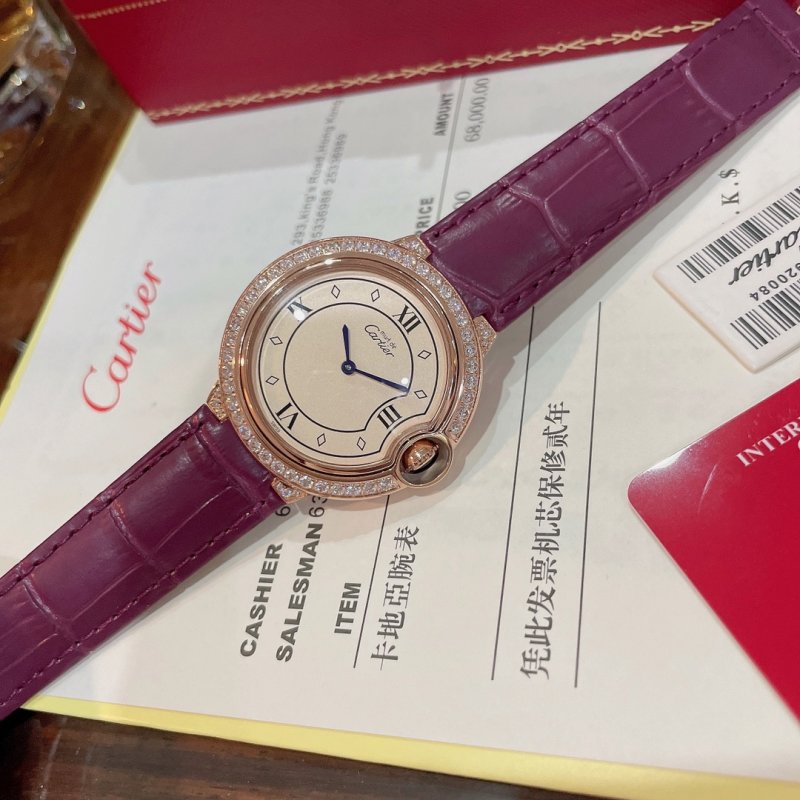 Cartier Ballon Bleu 36mm Rose Gold Red Leather Strap Watch view
