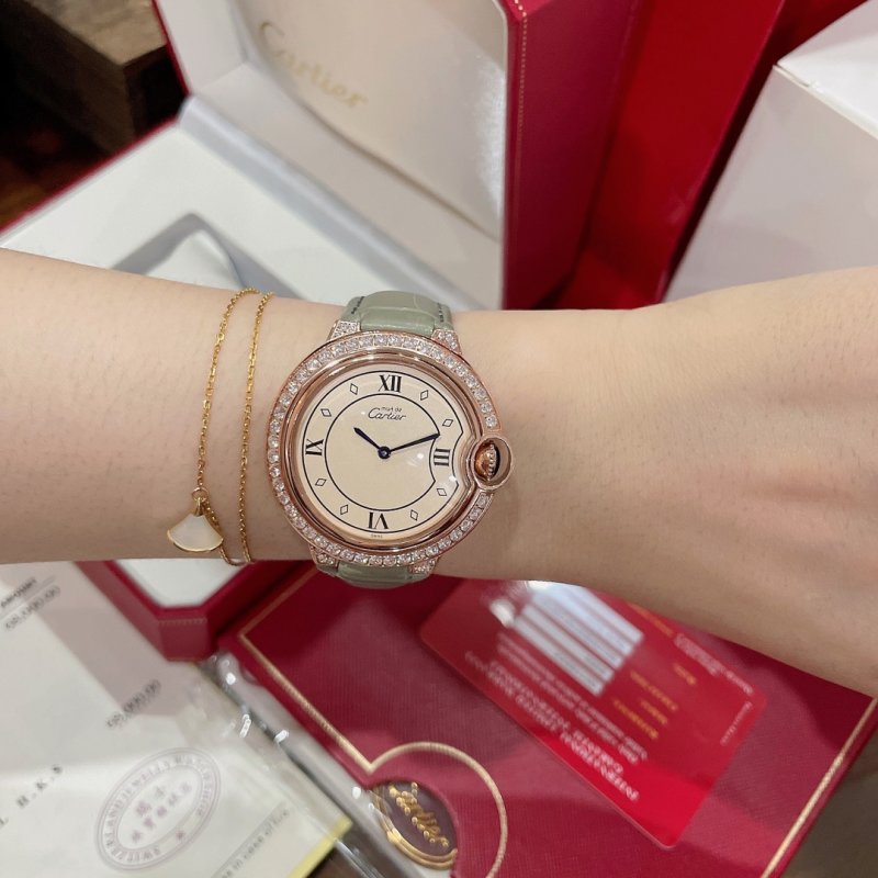 Cartier Ballon Bleu 36mm Rose Gold Red Leather Strap Watch view