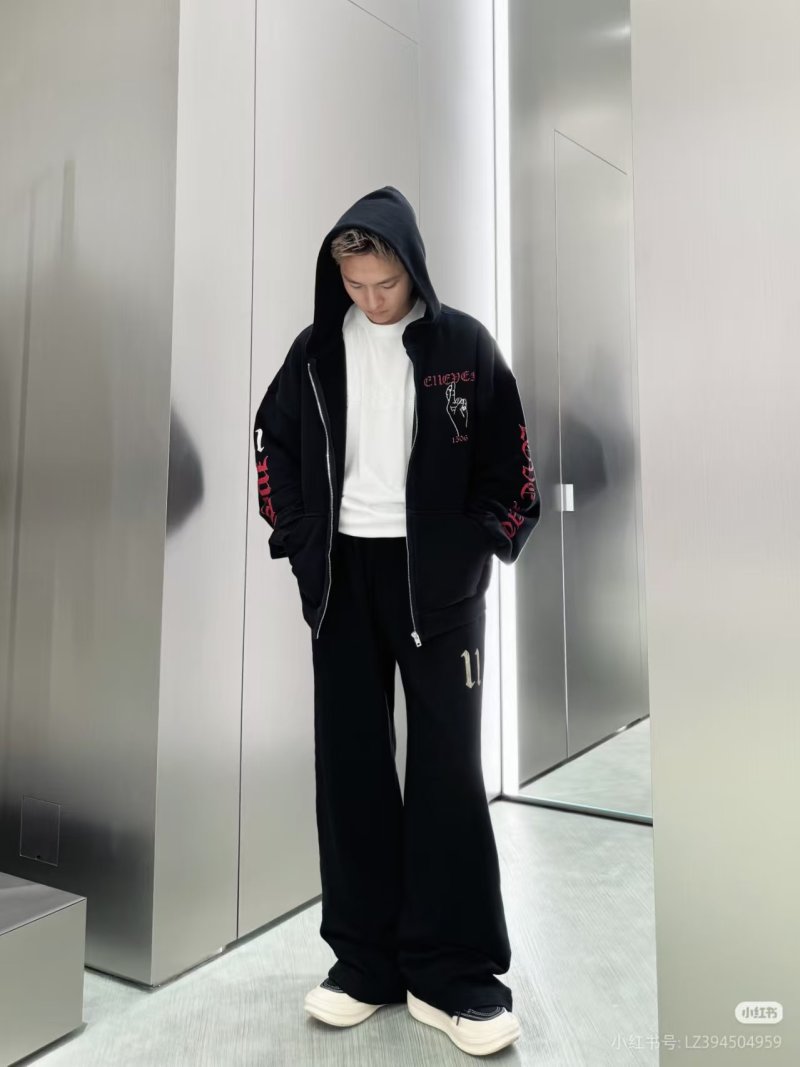 Black Zip-Up Hoodie Jacket with Red Embroidered Graphics