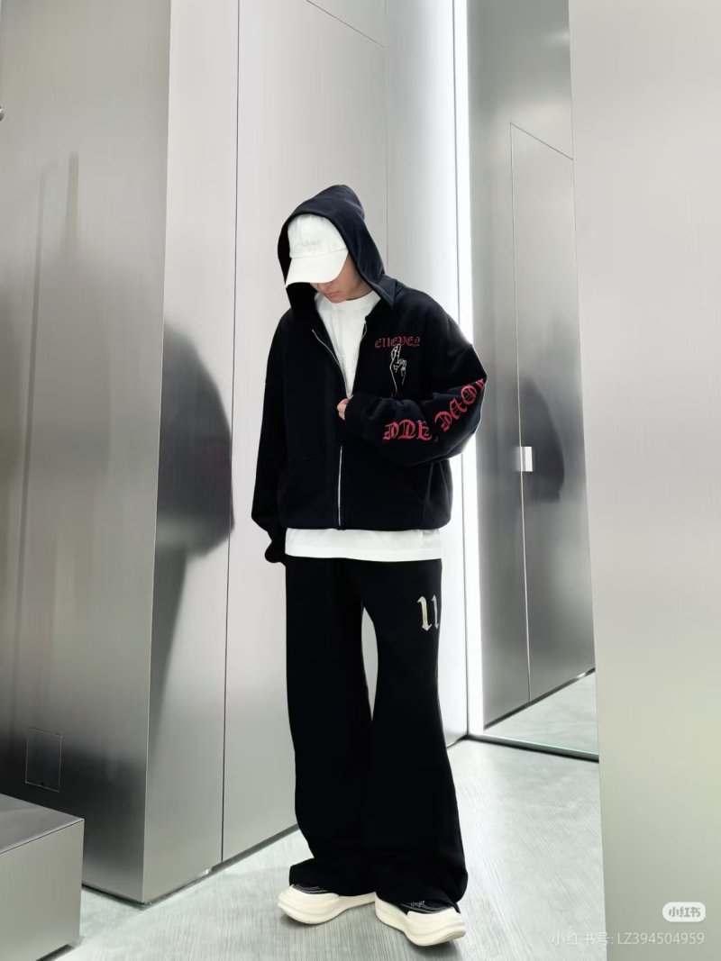 Black Zip-Up Hoodie Jacket with Red Embroidered Graphics view