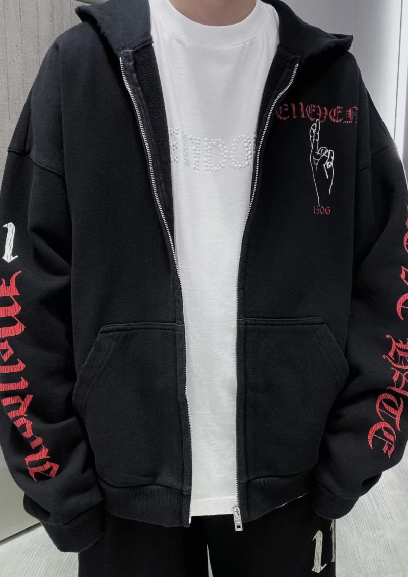 Black Zip-Up Hoodie Jacket with Red Embroidered Graphics view