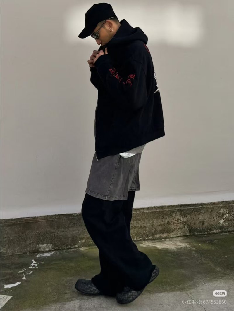 Black Zip-Up Hoodie Jacket with Red Embroidered Graphics view