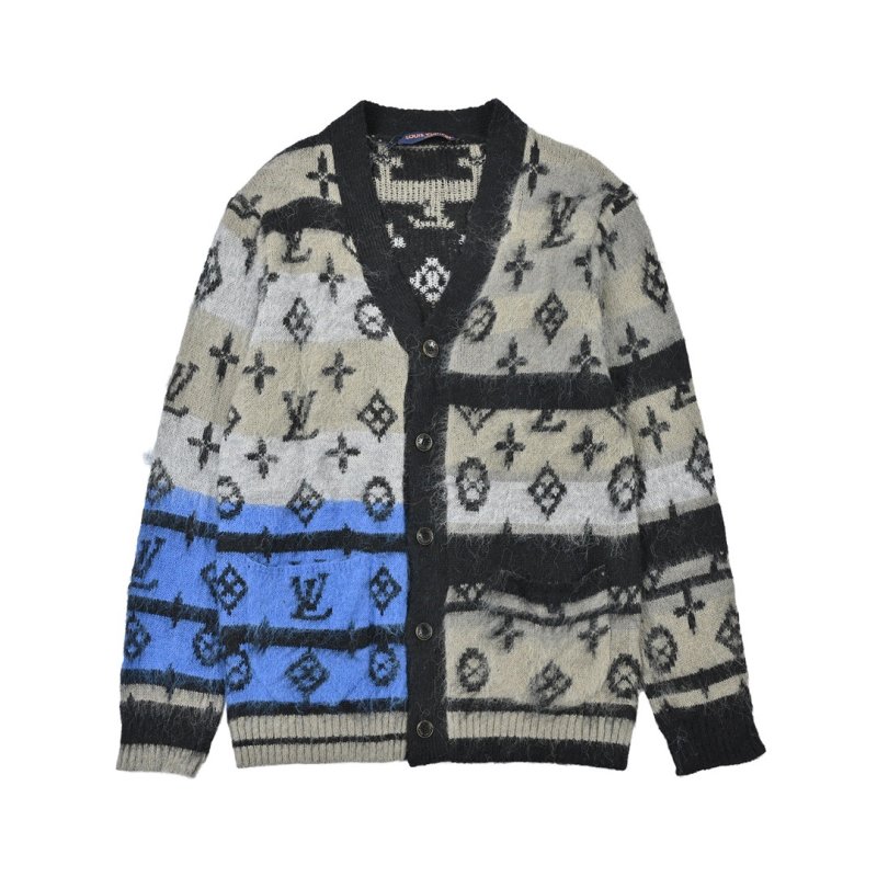 Oversized Geometric Jacquard Cardigan – Navy Blue & White view