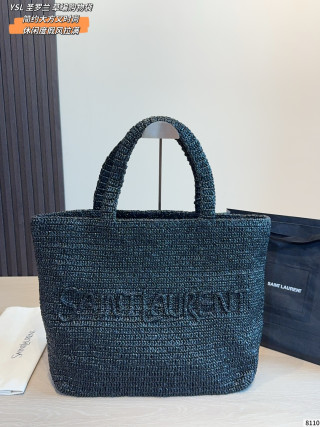 Saint Laurent Woven Straw Tote Bag Black