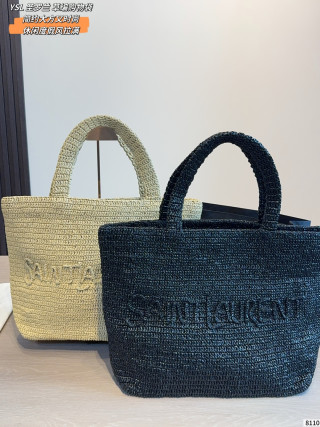 Saint Laurent Woven Straw Tote Bag Black view 3