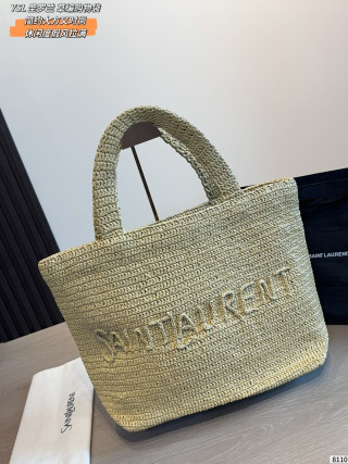 Saint Laurent Woven Straw Tote Bag Black view 4