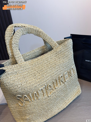 Saint Laurent Woven Straw Tote Bag Black view 7