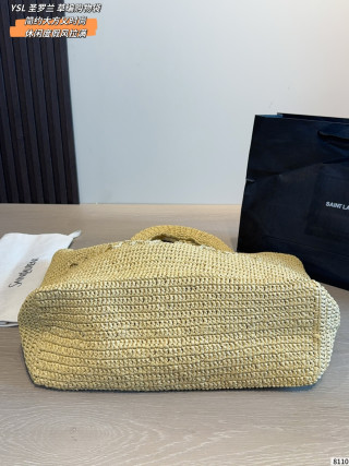 Saint Laurent Woven Straw Tote Bag Black view 8