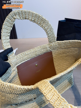 Saint Laurent Woven Straw Tote Bag Black view 9