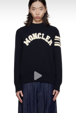 Moncler Black Logo Crew Neck Sweater with Stripe Detail