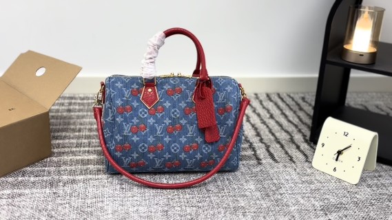 Louis Vuitton Speedy Cherry Denim Monogram Red Handbag