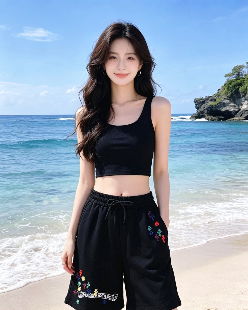 Black Embroidered Floral Shorts with Drawstring