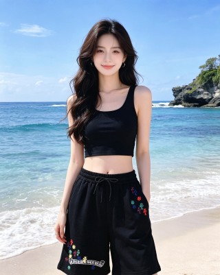 Black Embroidered Floral Shorts with Drawstring
