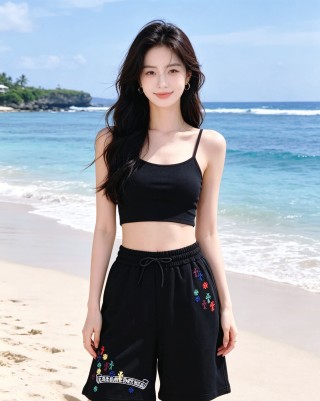 Black Embroidered Floral Shorts with Drawstring view 2