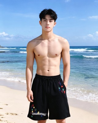Black Embroidered Floral Shorts with Drawstring view 4