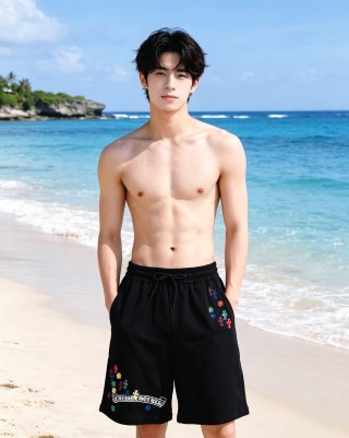 Black Embroidered Floral Shorts with Drawstring view 5